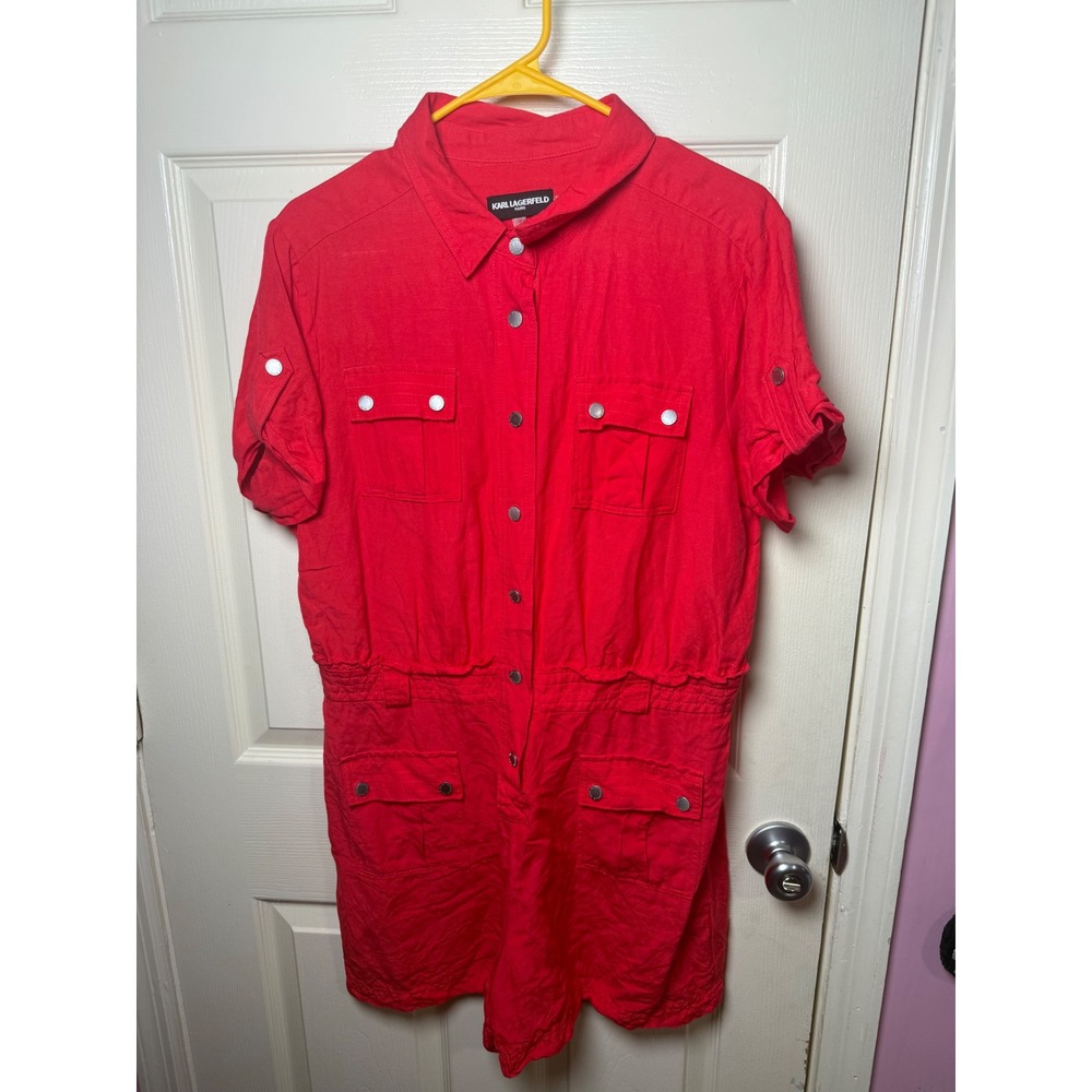 Karl Lagerfeld Paris Red Linen Blend Utility Romper Button Front Womens 12